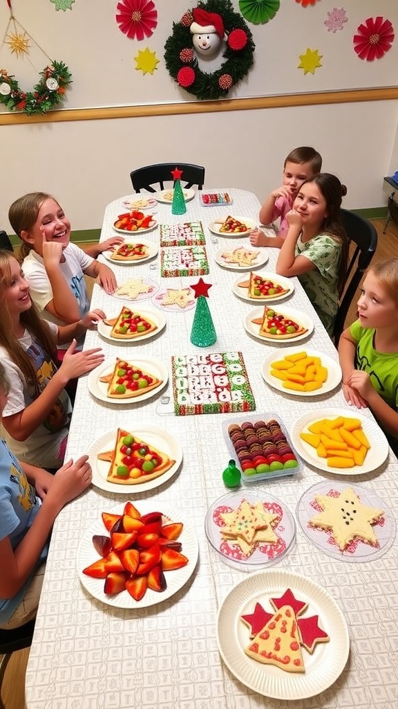 A Christmas party table with mini pizzas, fruit skewers, and holiday cookies for kids.